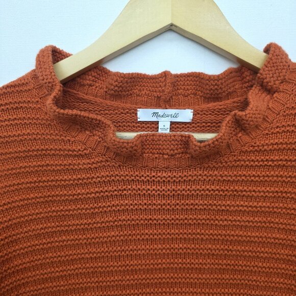MADEWELL Ruffle-Neck Pullover Sweater Orange Cotton-Merino Yarn Size Small - Picture 3 of 11